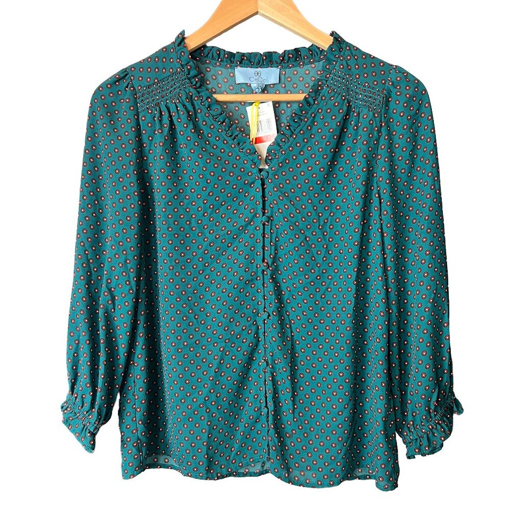 NWT CeCe Green Ponderosa Pine Ruffle Blouse XS